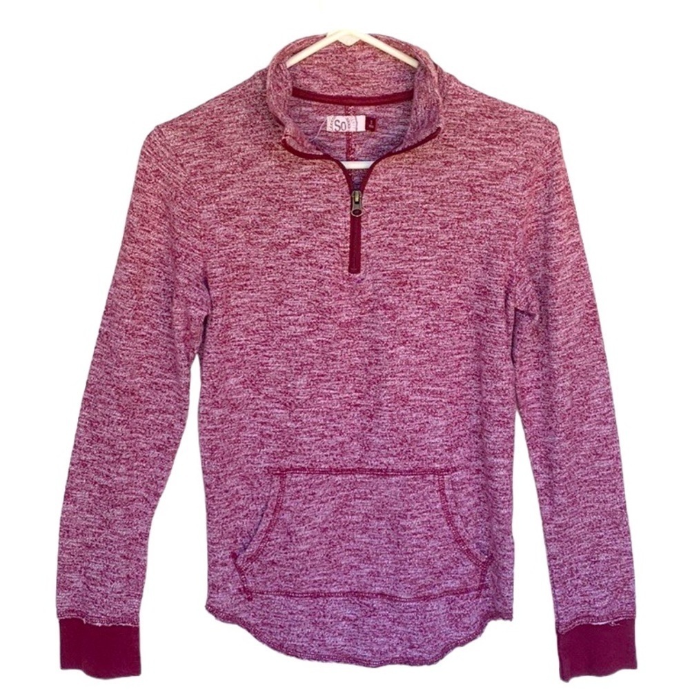 SO  BURGUNDY HEATHER 1/4 ZIP UP LONG SLEEVE SHIRT KANGAROO POCKETS SIZE SMALL